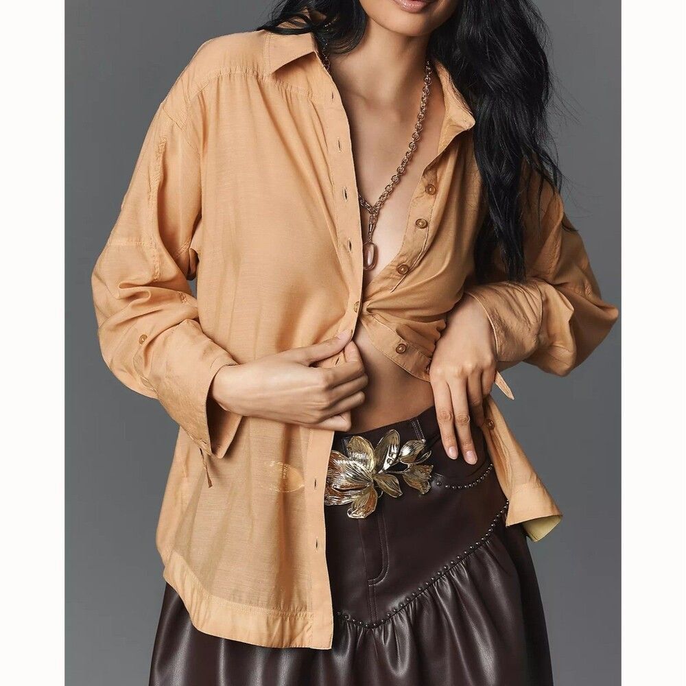 By Anthropologie Sheer Buttondown Shirt Tunic Top Oversized Collared XXL 290908
